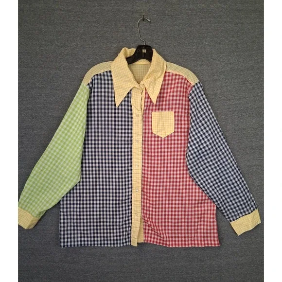 VTG Womens Shirt 2XL Multi Patchwork Gingham Plaid Button Up Lightweight - Picture 1 of 7